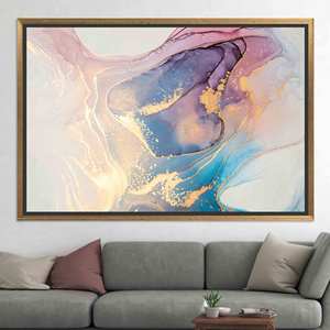 Impression sur toile scintillante : Art mural en verre marbré bleu, élégance, TOILE ENCADRÉE DANS UN CADRE DORÉ - Product Image 1