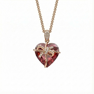 Luxury Heart Shaped Red Crystal Pendant Necklace for Women Gold Plated <b>Bow</b> Knot CZ Diamond Necklace Romantic Valentine Day Gif - Product Image 3