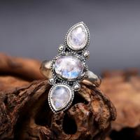 Bague artisanale en argent sterling 925 avec trois pierres de lune arc-en-ciel, cadeau d'anniversaire parfait pour elle, style bohème vintage