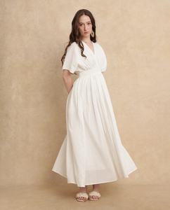 ชุดเดรสผ้าเรยอนสีขาวสำหรับผู้หญิงยาวถึงข้อเท้าพร้อมแขนครึ่งท่อนลำลองสไตล์วันหยุดฤดูร้อนย้อมสีพื้นเรียบ - Product Image 4