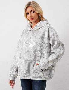 Sudadera con capucha de camuflaje para mujer, Sudadera con capucha de lana con hombros caídos de manga larga de gran tamaño, jersey con bolsillos de canguro, trajes - Product Image 6