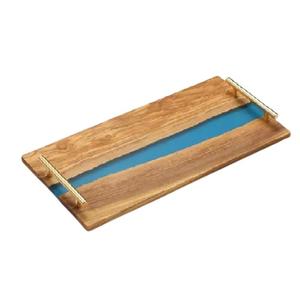 Plateau de service en bois et résine avec poignée pour cuisine et table plateau de service à salade au design unique pour plateau de service à domicile - Product Image 1