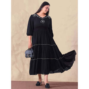 Deebaco Women's Plus Size Black Embroidered Maxi <b>Dress</b> V-Neck Tiered A-Line Bohemian Style Three Quarter Sleeve Ankle-Length - Product Image 1