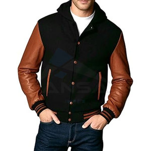 Veste universitaire traditionnelle pour homme en laine mélangée de qualité supérieure avec manches en cuir véritable à 100 %, bordure côtelée, noir, marron, capuche - Product Image 4