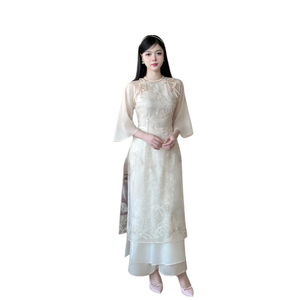 Fait à la main antistatique modal asymétrique Ao Dai moderne Vietnam robes pour femmes personnalisable Style Vintage avec motif léopard - Product Image 2