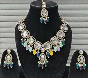 Collier de mariée multicolore lourd Kundan du fabricant indien avec perles goutte forme personnalisée fêtes ethniques bijoux pour femmes indiennes - Product Image 1