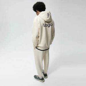 Ensemble de survêtement pour homme en coton 100% beige, coupe ample, avec poignées robustes, respectueux de l'environnement, deux pièces, sweat à capuche et pantalon cargo grande taille - Product Image 4