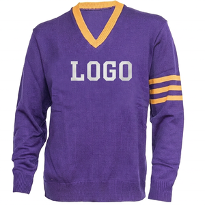 Suéter morado con cuello en V y ribete amarillo y rayas en las mangas, tejido de punto, manga larga para mujeres, ideal para escuelas/colejos/unistades - Product Image 1