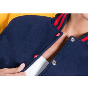 Chaqueta Estilo Universitaria Azul Marino y Amarilla para Mujer, Mangas Raglán, Ribete Acanalado a Rayas, Ropa Urbana de Moda - Product Image 6