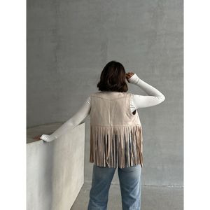 Chaleco Elegante de Gamuza con Borlas de Piedras para Mujer Topshow, Diseño con Dobladillo Caído, Color Liso, Sin Mangas, Prenda Exterior Informal - Product Image 5