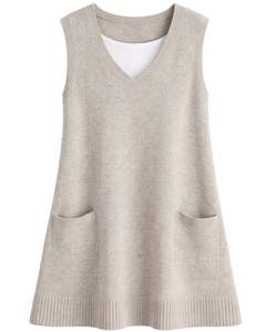 <b>Beige</b> Womens Knitted Sleeveless Sweater Vest V Neck Soft Acrylic Winter Layering Casual Custom Manufacturer OEM Wholesale Brands - Product Image 1