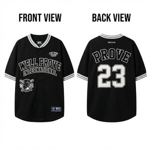 Maillot de baseball personnalisé en tissu maille polyester 220 g/m² respirant, unisexe adulte, couleur noire, bordure rayée, broderie en twill. - Product Image 1
