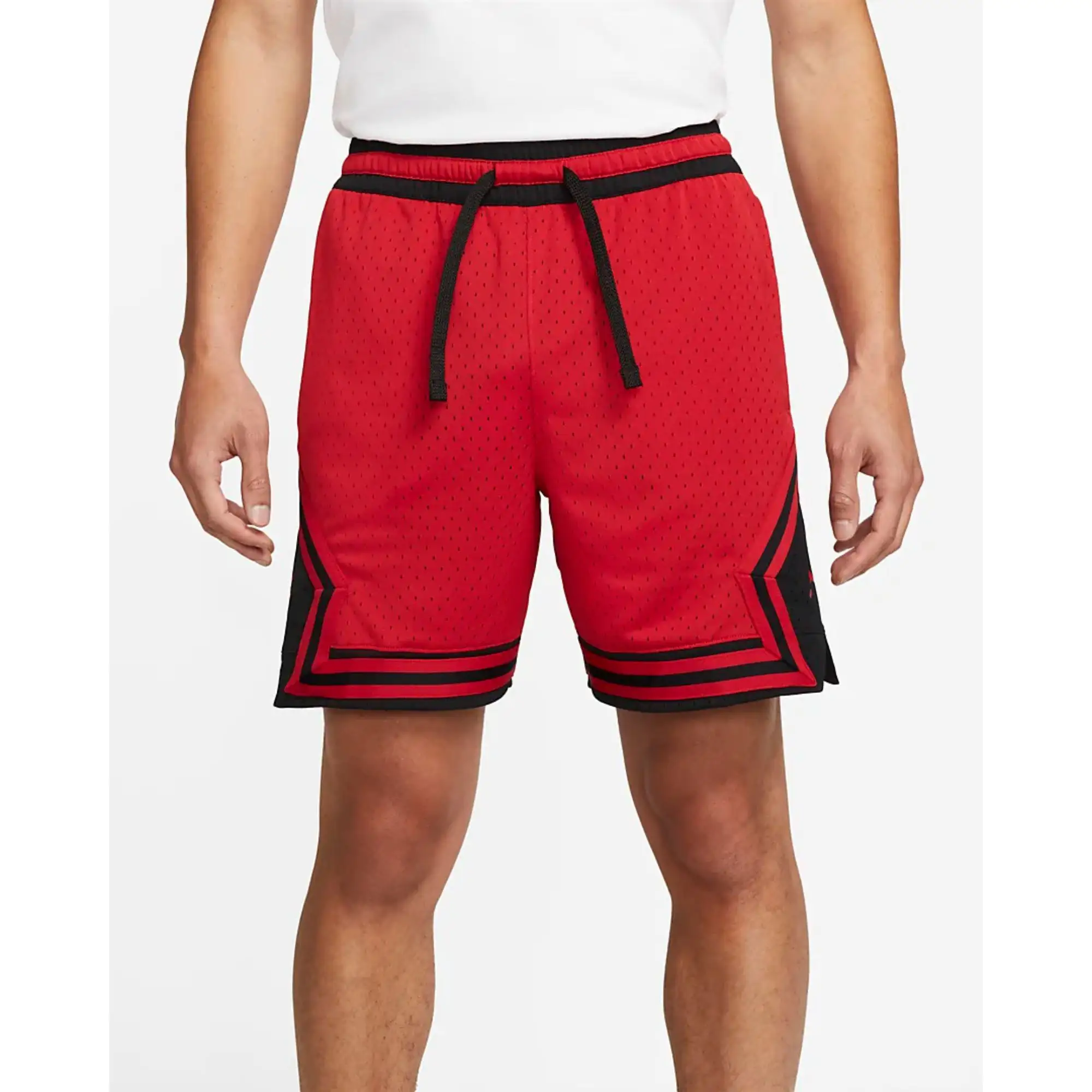 Dry and Comfortable 100% Polyester Mesh Bright Red & Black Mens Diamond Shorts with Elastic Waistband and Striped Knit Tape