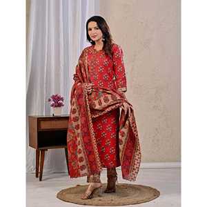 <b>Red</b> Printed Cotton Anarkali Kurta Pant Set Mulmul Dupatta Stitched Pakistani Style for Party Wear Indian Net Fabric <b>Silk</b> - Product Image 3