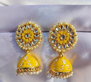 Traditional Meenakari Ethnic Kundan Pearl Hoop Jhumka Indian Pakistani Bridal Earrings Party <b>Favor</b> Bollywood Chinese New Year - Product Image 1