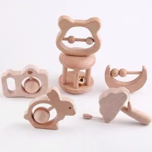 Sicurezza ambientale Montessori in legno a forma di animale sonaglio denti in legno di faggio formazione da masticare accessori per oggetti giocattolo per neonati