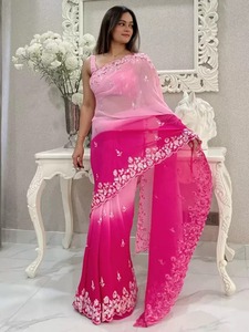 Dernières éblouissantes Georgette couleur rose Saree de créateur indien Dernières blouse traditionnelle Exclusive Fancy Party Wear For Women Girl - Product Image 6