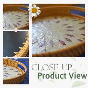 Bandeja de servicio redonda de ratán de madera Vintage rústica hecha a mano con incrustaciones de nácar para uso en la cocina y decoración del hogar - Product Image 3