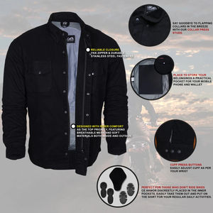 Chemise tactique en flanelle pour hommes en noir avec un design de chemise de motard en cuir et une chemise ignifuge pour les caractéristiques des hommes - Product Image 2