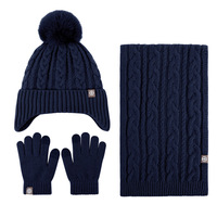 Set Tiga Potong Topi Syal Sarung Tangan Anak Unisex untuk Perjalanan, Penahan Panas, Tahan Dingin, Berlapis Fleece, Rajutan, Penutup Telinga Bayi