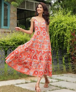 Femmes filles pur coton Maxi robe indien bloc imprimé décontracté été soirée tendance en gros longue robe robes décontractées - Product Image 1