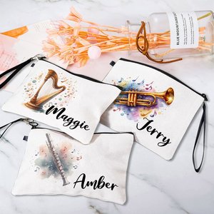 Pochette à cosmétiques personnalisée en lin pour instrument de musique avec nom, sangle de poignet, fermeture éclair, logo personnalisé, cadeau d'anniversaire pour musicien, amateur de musique - Product Image 4