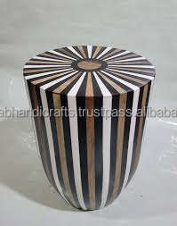 Mesa Auxiliar Redonda con Incrustaciones de Hueso, Mesa de Centro con Incrustaciones de Hueso, Mesa Auxiliar Redonda con Incrustaciones de Hueso, Taburete de Tambor Hecho a Mano - Product Image 2