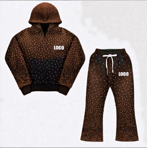 Ensemble de pantalons de survêtement à capuche pour hommes, imprimé à l'acide, style évasé, survêtement en coton épais avec fermeture éclair, logo en strass et décontracté - Product Image 4