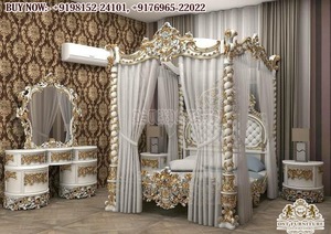 Lit à baldaquin en bois de teck de taille personnalisée à thème vintage avec design royal Détails lourds sculptés Marqueterie de style rococo français - Product Image 6