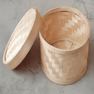 Caja de almacenamiento de bambú tejida a mano minimalista con tapa, organizador ecológico redondo natural para uso doméstico o en la cocina - Product Image 1
