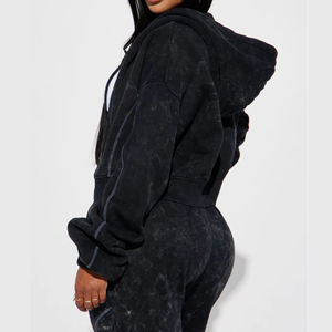 Ropa activa de alta calidad personalizada ligera lavado ácido holgado cremallera Sudadera con capucha pantalones chándales para correr conjunto de 2 piezas para damas - Product Image 5