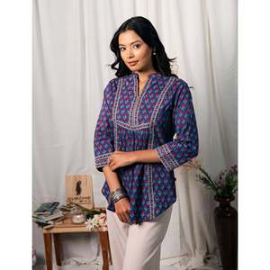 Blusa de Algodón Azul para Mujer, Estampada a Mano, con Cuello Asimétrico y Bordado Floral, Tallas XS a XL, para Oficina - Product Image 4