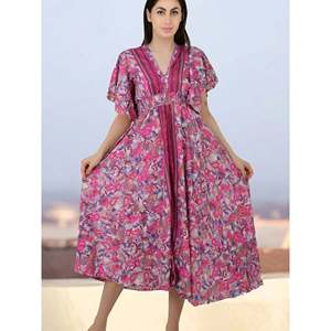 Summer Graceful Long Midi <b>Dress</b> Pink Evening Cocktail V-Neck Short Sleeve Silk Blend Wedding Guest <b>Dress</b> - Product Image 2