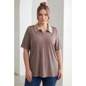 Chemisier en modal grande taille avec épaulettes et fermeture éclair, couleur vison - Product Image 1