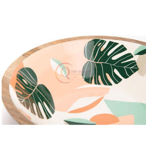 Introducing the Exquisite Handcrafted <b>Wooden</b> Decorative Bowl Featuring Vibrant Tropical Monstera Leaf Patterns <b>Set</b> Against Soft - Product Image 2