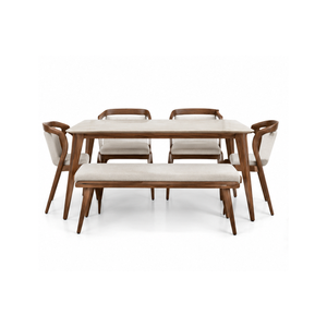 Juego de Comedor Moderno de Nogal con Sillas Tapizadas y Banco para Interiores de Apartamentos y Hoteles de Lujo - Product Image 1
