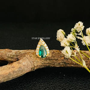 14K Solid Gold Pear Shape <b>Halo</b> Piercing with Green Emerald Fine Jewelry. - Product Image 3