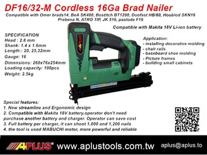 APLUS DF16/32 Cloueur sans fil 18V de qualité professionnelle, longueur de clou max. 32 mm, capacité 100 clous, moteur à balais, batterie 2.0 Ah, CE - Product Image 2