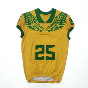 เสื้อฟุตบอลอเมริกันสำหรับผู้ใหญ่เสื้อฟุตบอลแบบอเมริกันสีเหลืองสีเขียวพิมพ์ซับลิเมชันออกแบบได้ตามต้องการ - Product Image 1