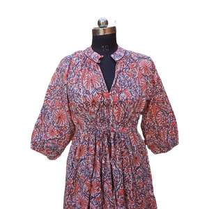 Vestido MIDI con estampado de bloque floral Vestido largo floral de verano informal con cuello en V de algodón suave - Product Image 3