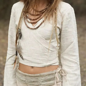 เสื้อครอปผ้าฝ้าย100% สำหรับผู้หญิงเสื้อเบลาส์แบบโบฮีเมียนธรรมชาติมีลายเสื้อถัก - Product Image 1
