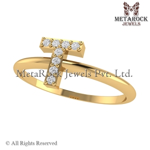 Sólido 14K oro amarillo T inicial anillo Pave diamante joyería hecha a mano A a Z minimalista letras anillo oro diamante joyería T anillo - Product Image 2