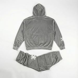 Survêtement pour homme personnalisé en velours lourd, délavé à l'acide, uni, avec sweat à capuche orné de strass, pantalon coupe classique, streetwear, vente en gros - Product Image 2