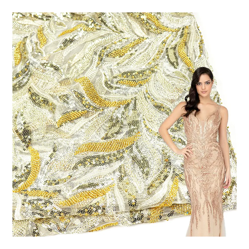 2023 nuovo modello tessuto di pizzo con perline bianche giallo stile aristocratico tessuto di pizzo da sposa in rilievo di lusso per abito da festa