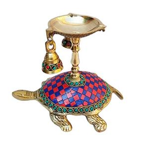 Brass Tortoise Diya with Hanging Bells and Multi <b>Colour</b> <b>Stones</b> Chips - Product Image 1