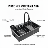 Évier de cuisine multifonctionnel en acier inoxydable SUS304, grand évier à cascade avec robinet à touches de piano, évier simple intelligent, lave-gobelet
