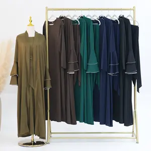 Мусульманское однотонное элегантное платье, комплект из 3 предметов, Кардиган с длинным рукавом и внутренней отделкой для женщин