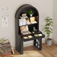 Escritorio Moderno de Roble Negro con Diseño Arqueado, Iluminación LED, Cajones Acanalados, para Oficina en Casa, Sala de Estar, Apartamento, Espacios Pequeños