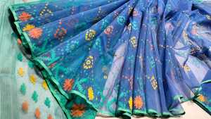 Exclusif Deshi Dhakai Jamdani Sharee Qualité Supérieure pour Femme JAMDANI FABRIC Bleu ROUGE VERT Doré Bleu Ciel du Bangladesh - Product Image 3