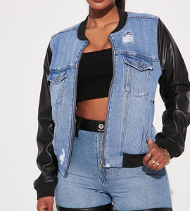 Venta al por Mayor de Chaquetas Vaqueras para Mujer, Nueva Moda de Verano, Chaqueta Corta Vaquera Lavada, Chaqueta Vaquera con Mangas de Cuero, Chaqueta Vaquera Personalizada - Product Image 1